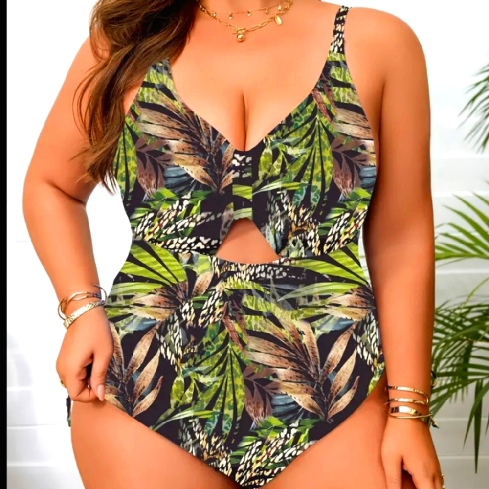 Women's Plus Size Tropical Leaf Print Swimsuit Sz 2X
